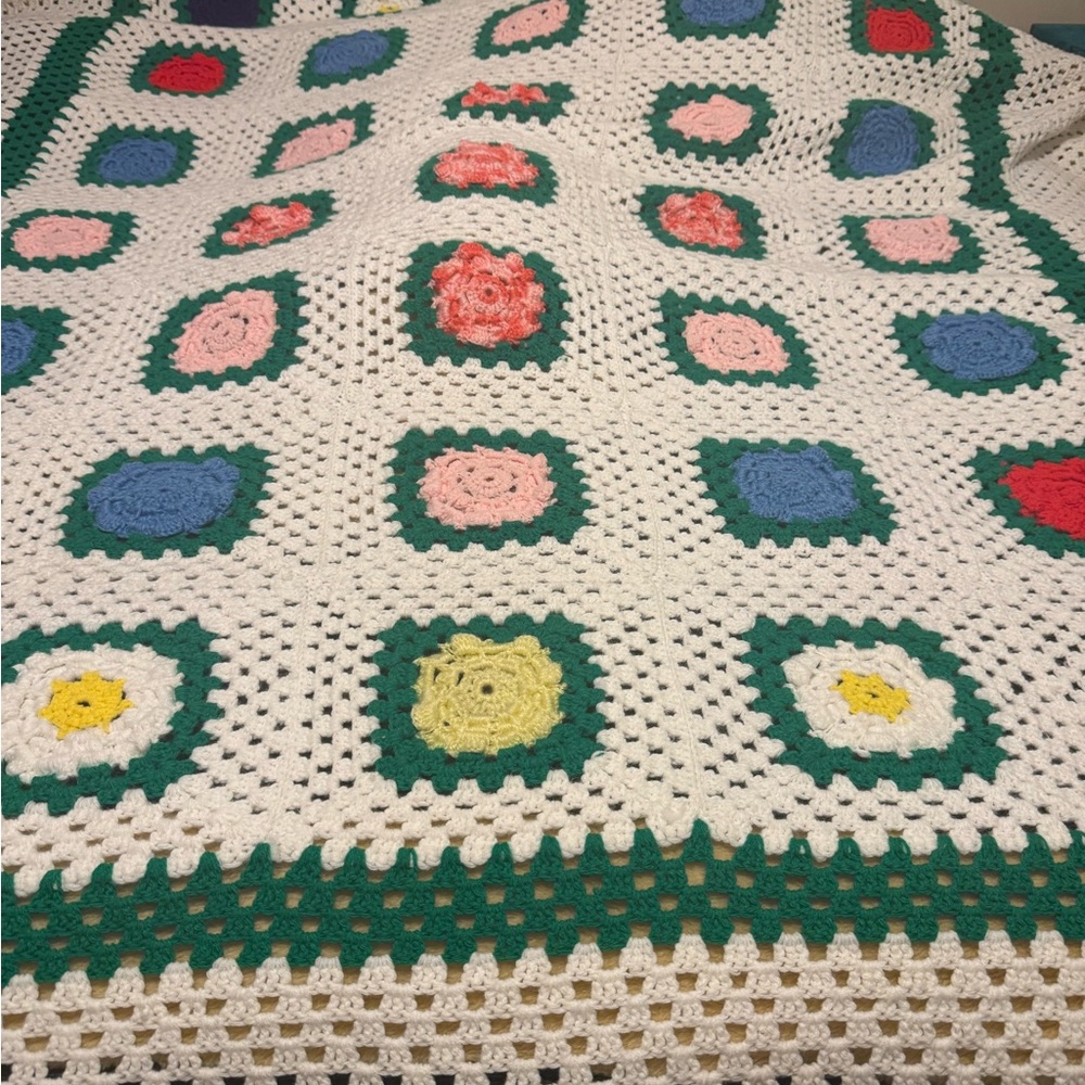 Vintage Crocheted Granny Square Afghan Handmade 105" x 81"